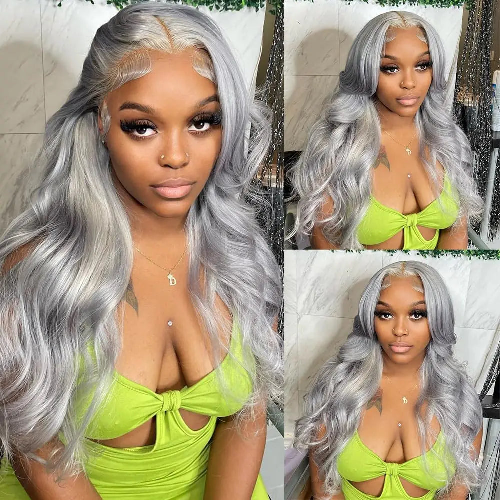 13x6 Silver Grey Body Wave Lace Front Wig – 100% Human Hair, Preplucked 13x4 Lace Frontal Brazilian Wig, 36 Inch