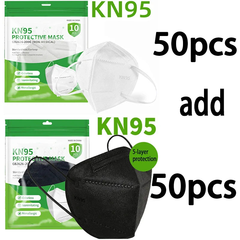 50/100PCS Adult KN95 Masks – Black & White, 5-Layer Dustproof Face Mask with Breathable Design & Adjustable Nose Bridge