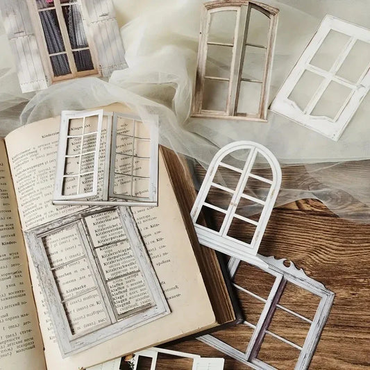 10 Pcs Laser Hollow Door & Window Stickers for Junk Journals, Planners, Scrapbooking - Vintage DIY Craft Supplies