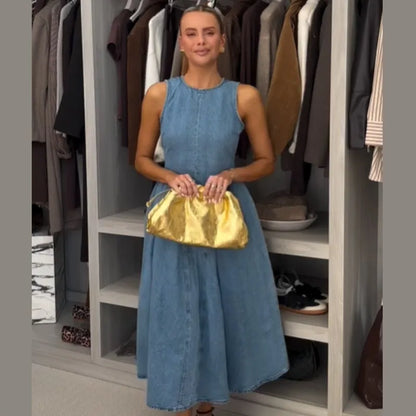 Elegant Pleated Denim Dress for Women – 2025 Chic Slim Fit Lapel Vestido with Short Sleeves & Single-Breasted Design