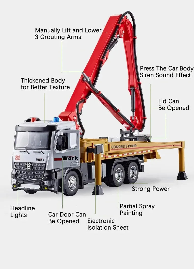 1:24 Electric Flatbed Cement Pump Truck Model — Diecast Alloy Toy with Sound & Light, Doors Open, Gift for Boys