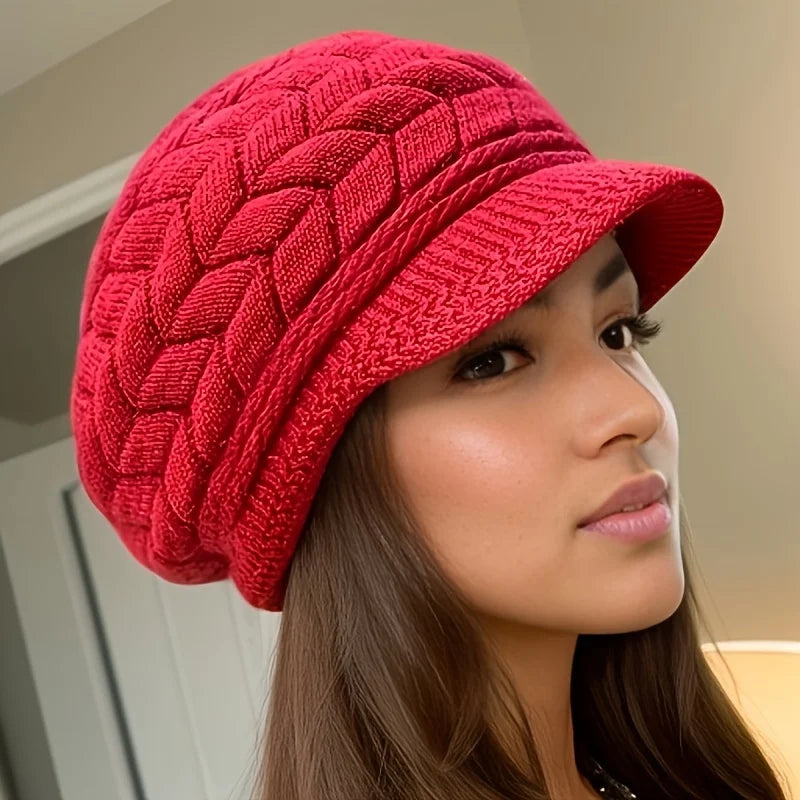 Retro Women’s Winter Knitted Cap — Warm Cold Weather Hat with Sun Visor for Running, Camping, Walking, and Skiing