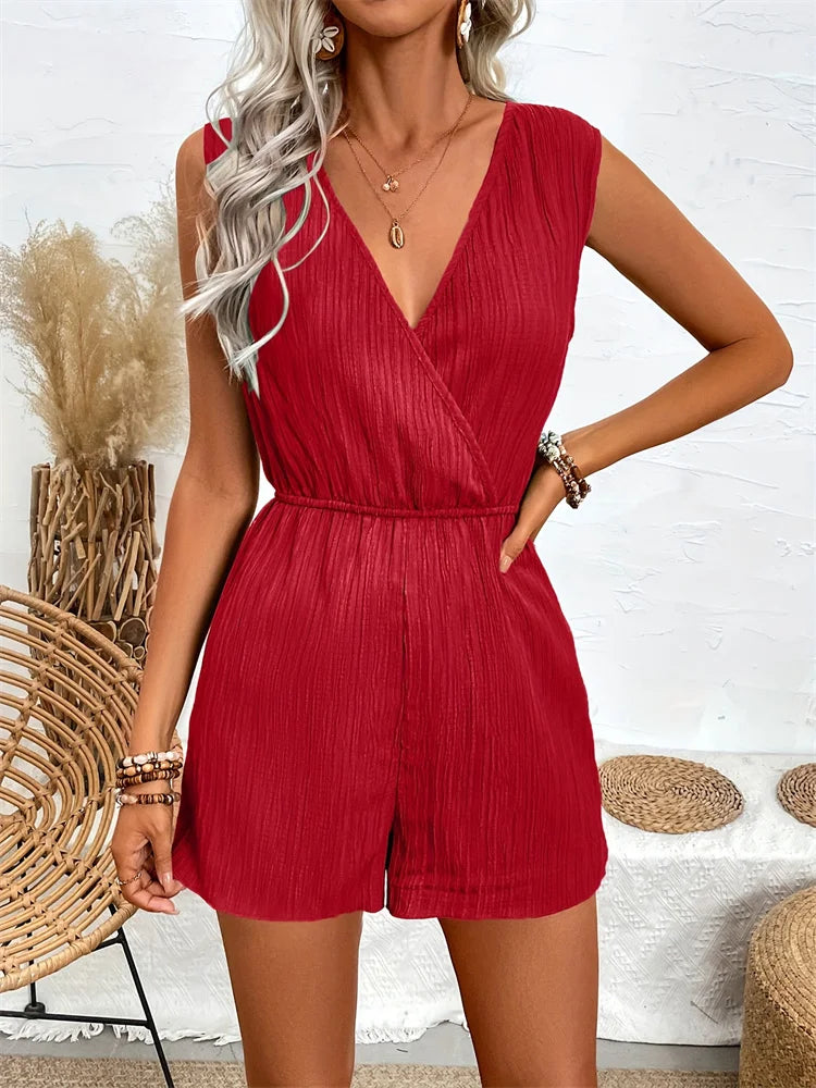 Women’s Summer Jumpsuit – Sleeveless V-Neck Romper, Casual Solid One-Piece Playsuit for Vacation & Daily Wear