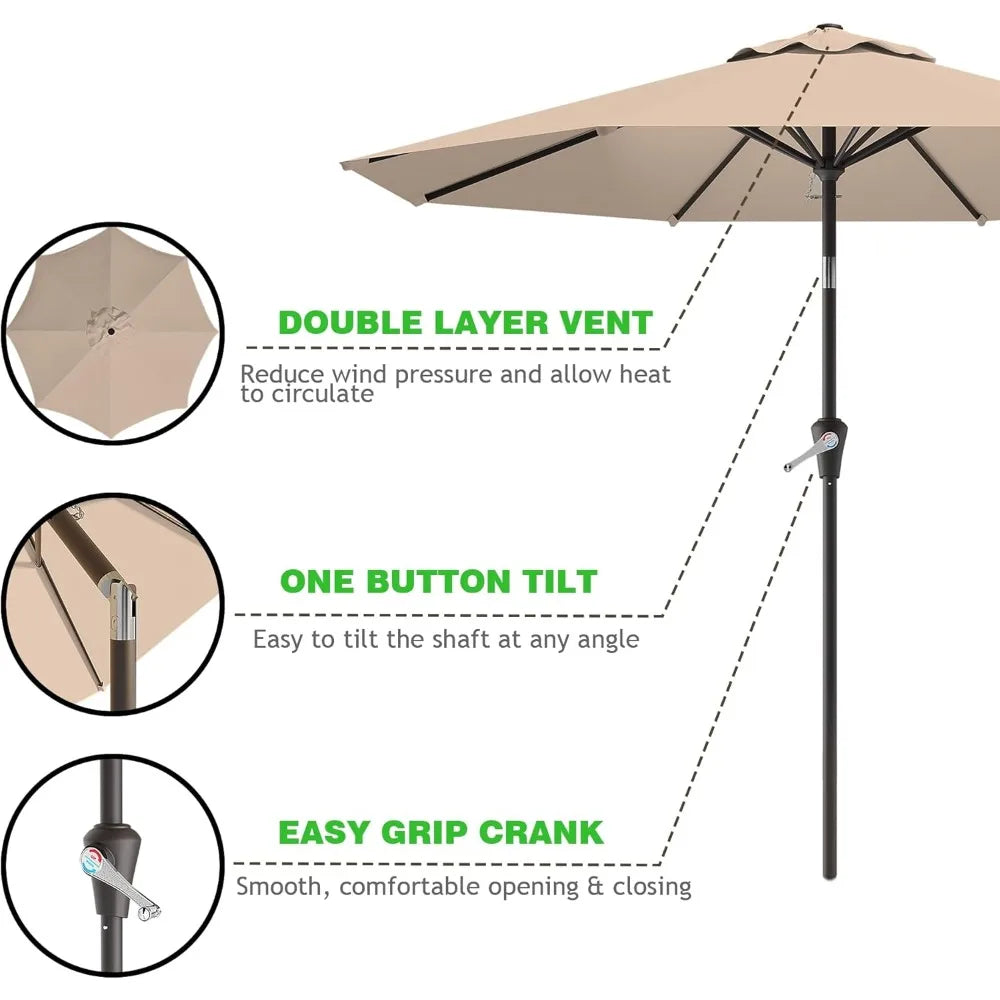 9FT Outdoor Patio Umbrella with Push-Button Tilt & Crank – 8-Rib Garden & Pool Table Sun Shade Canopy