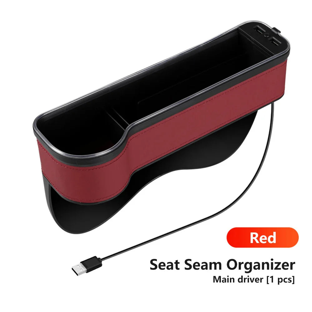 Car Crevice Storage Box with 2 USB Charger – LED Seat Gap Organizer, Phone, Bottle, and Cup Holder