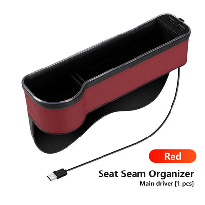 Car Crevice Storage Box with 2 USB Charger – LED Seat Gap Organizer, Phone, Bottle, and Cup Holder