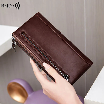 RFID Blocking Large Capacity Wallet – Soft Leather Solid Color Clutch, Multi-Functional Zipper Purse for Women & Men