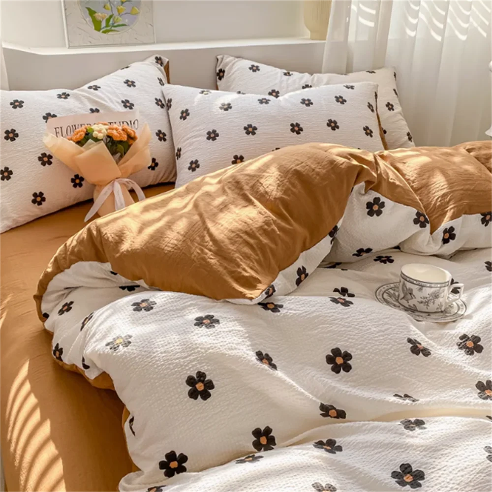 Wrinkled Yarn Washed Cotton Bedding Set — Soft Duvet Cover and Bed Sheet Set, 3 or 4 Piece Non-Pure Cotton Bedroom Set
