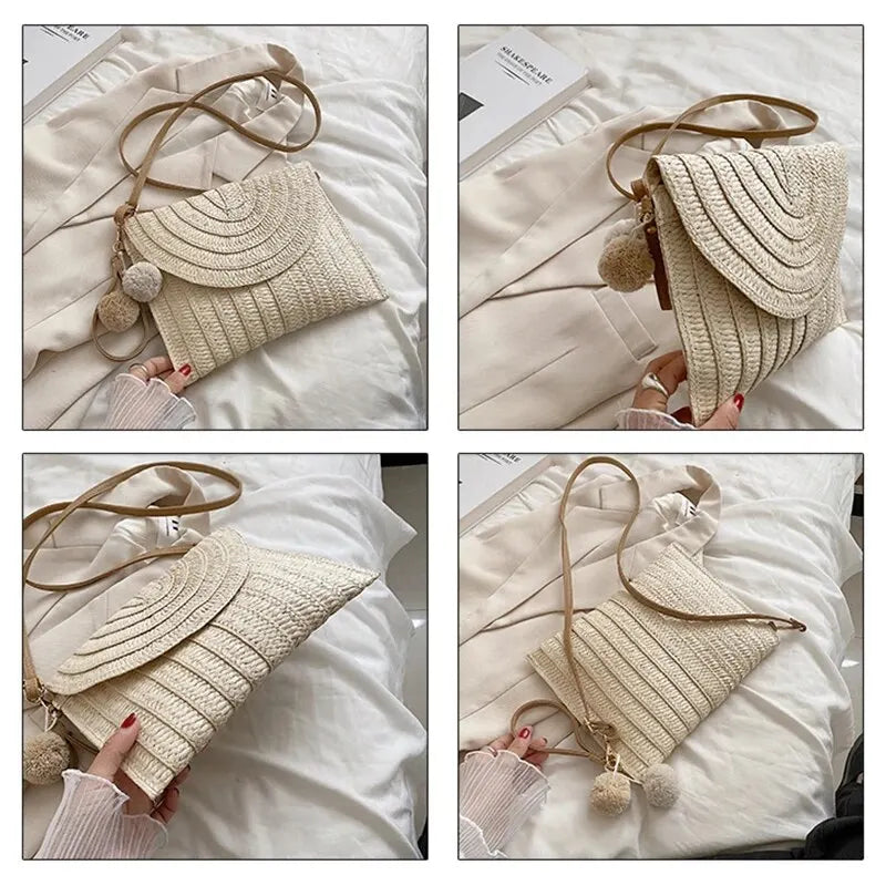 Handmade Straw Beach Bag – Small Woven Summer Shoulder Crossbody Clutch with Hair Ball