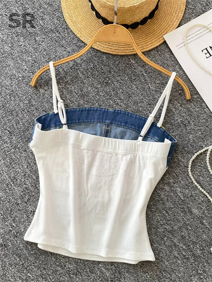 SINGREINY Y2K Denim Patchwork Crop Top — Women’s Retro Letter Embroidery Slim Streetwear Strap Top