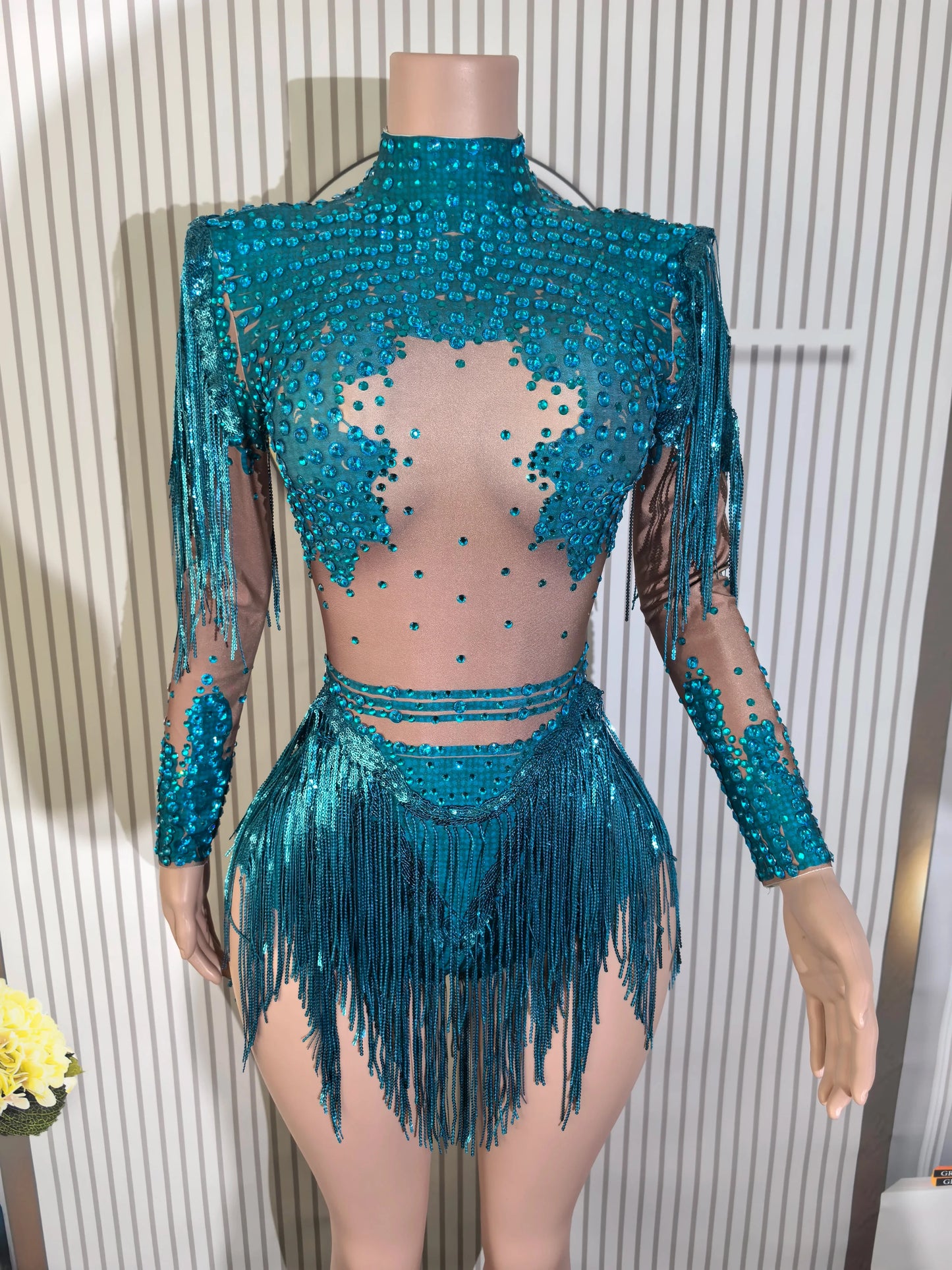 Sparkly Blue Rhinestone Leotard - One-Shoulder Fringe Bodysuit for Dance, Stage & Performance