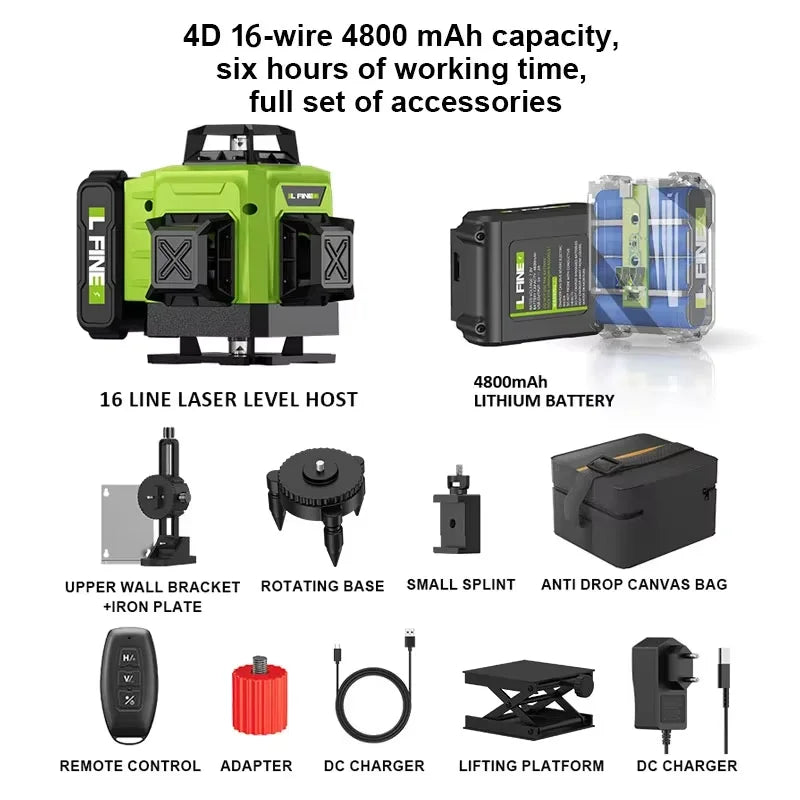 LFINE 3D/4D Laser Level — 12/16 Line Horizontal & Vertical Self-Leveling 360° Laser with Remote Control (8 Lines)