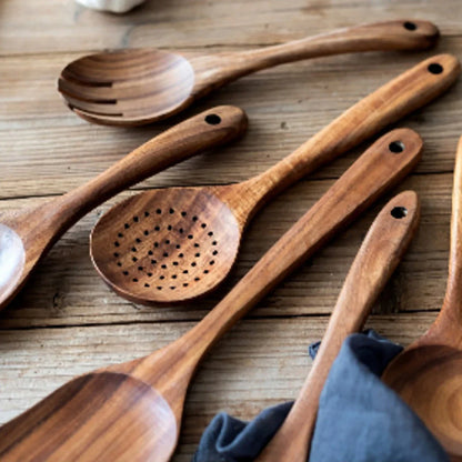 Wood Kitchenware Cooking Set – Household Spatula, Spoon, Fork & Salad Utensils with Storage Bucket