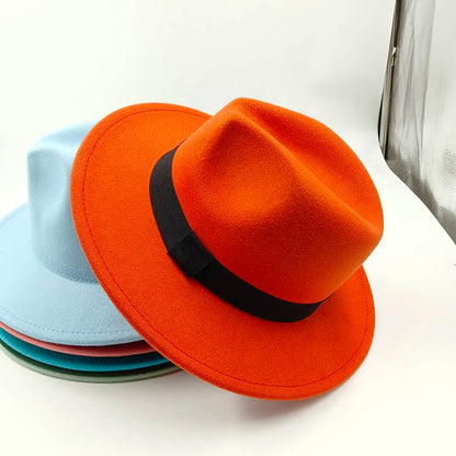 Unisex Black Fedora Hat – Wide Brim Jazz Panama Top Hat for Autumn and Winter – Classic Gentleman Style