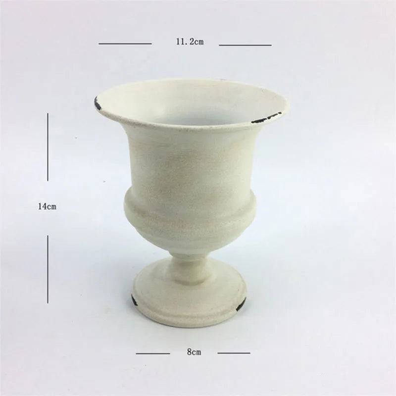 Old Goblet Antique Flower Vase – White Retro European Iron Table Arrangement Container with Handles