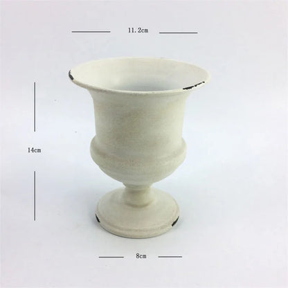 Old Goblet Antique Flower Vase – White Retro European Iron Table Arrangement Container with Handles