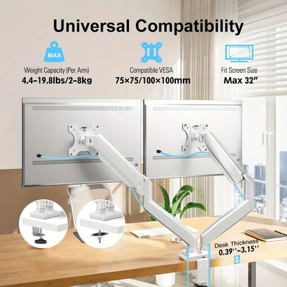 Adjustable Gas Spring Dual Monitor Stand for 13-32 inch Screens - Full Motion Dual Monitor Mount Arm