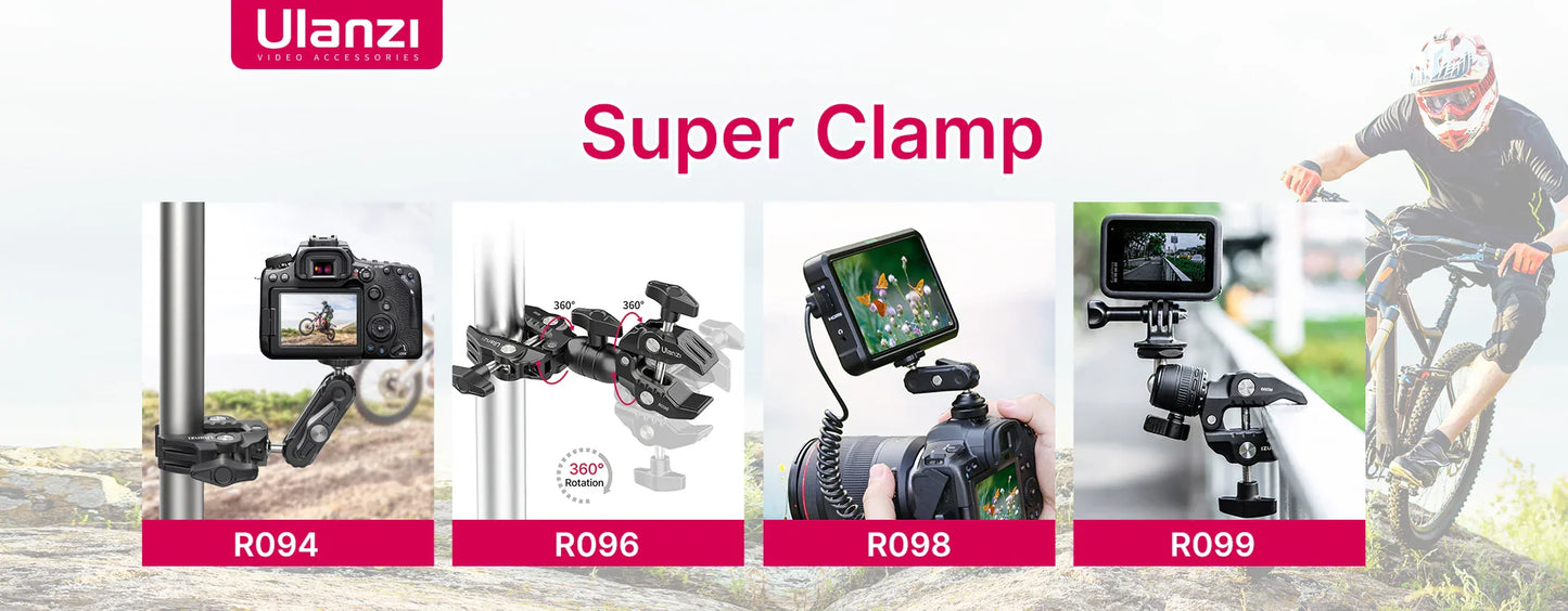 Ulanzi R094 Metal Super Clamp with 360° Ball Head Magic Arm, 1/4" & 3/8" Holes for DSLR Camera, Monitor, Light, Mic, and Rod Mount