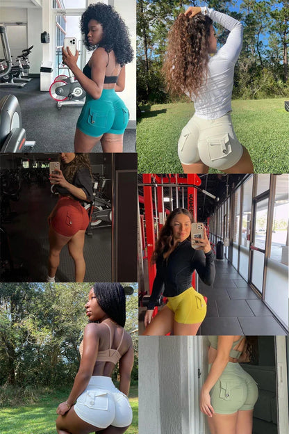 QINACTIVE Women’s Yoga Shorts — High Waist Scrunched Butt Pocket Push-Up Gym Leggings & Sexy Booty Fitness Tights