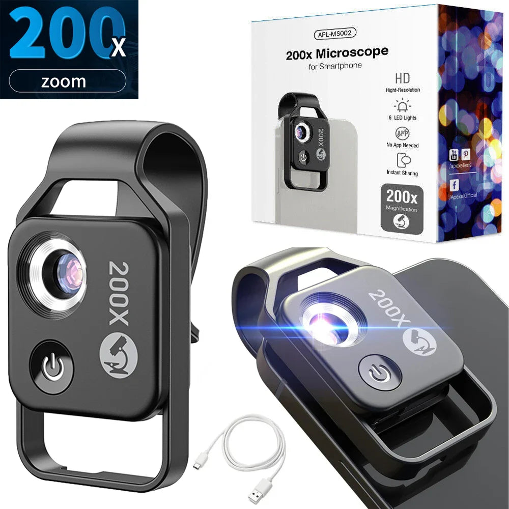200X Phone Microscope with CPL Lens & LED Light – Universal Clip for iPhone/Android – Microworld Exploration for Kids and Adults