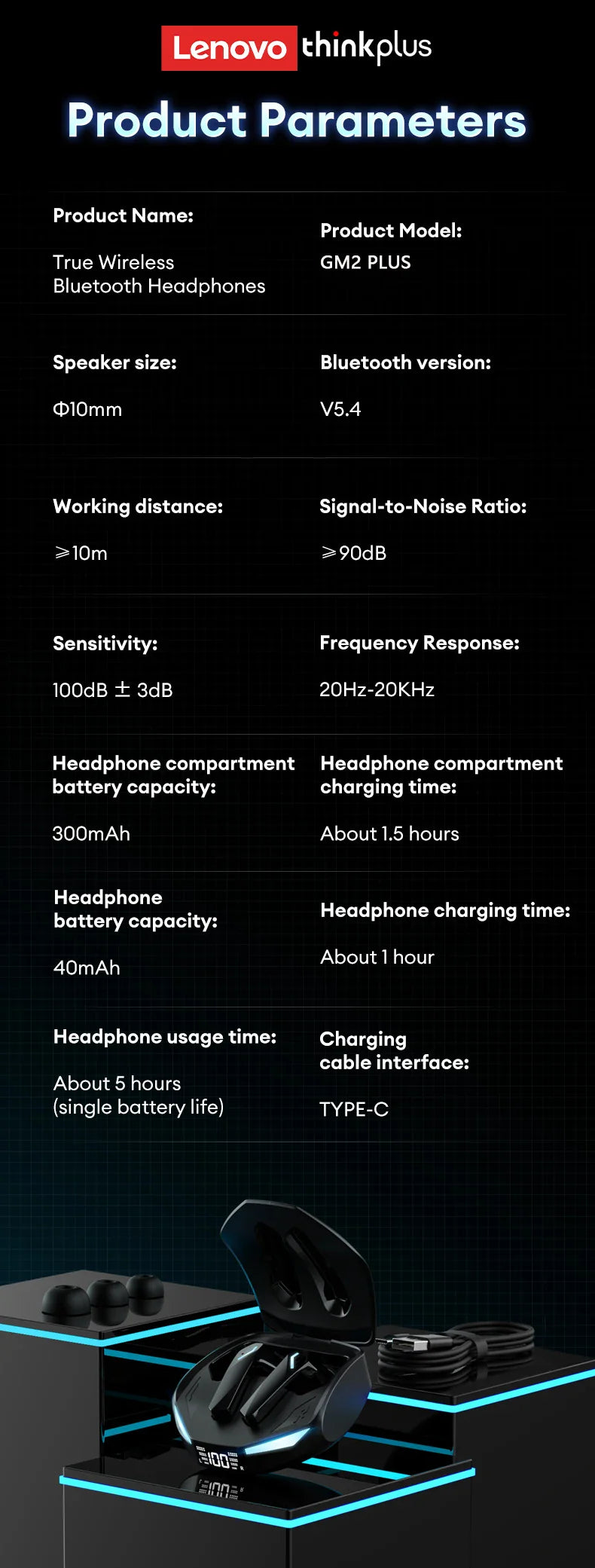 Lenovo GM2 PRO MAX Wireless Earbuds – Bluetooth 5.4, LED Display, Waterproof, Low Latency Gaming Headset