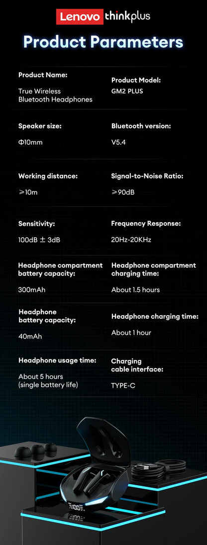 Lenovo GM2 PRO MAX Wireless Earbuds – Bluetooth 5.4, LED Display, Waterproof, Low Latency Gaming Headset