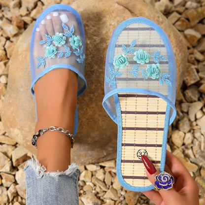 Women’s Embroidered Sequin Flower Mules - Breathable Mesh Closed-Toe Soft Sole Summer Sandals