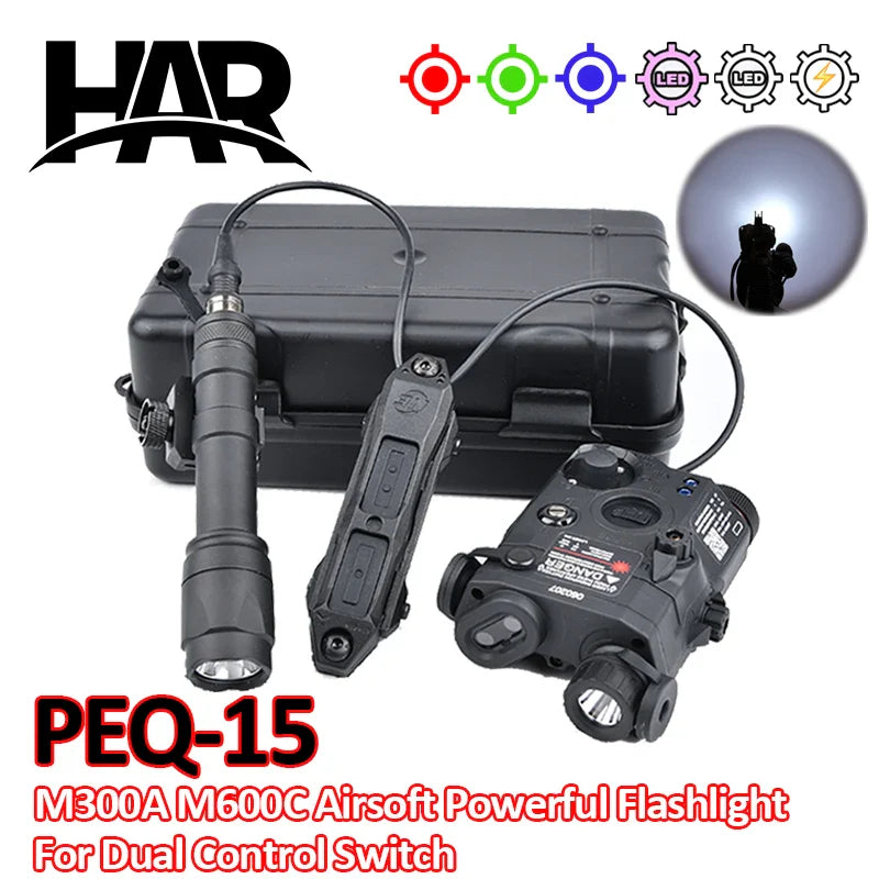 PEQ-15 Tactical SureFire M600C/M300A Flashlight — AR15 Airsoft Dual Control Switch with Red/Green/Blue Laser, Hunting Accessory