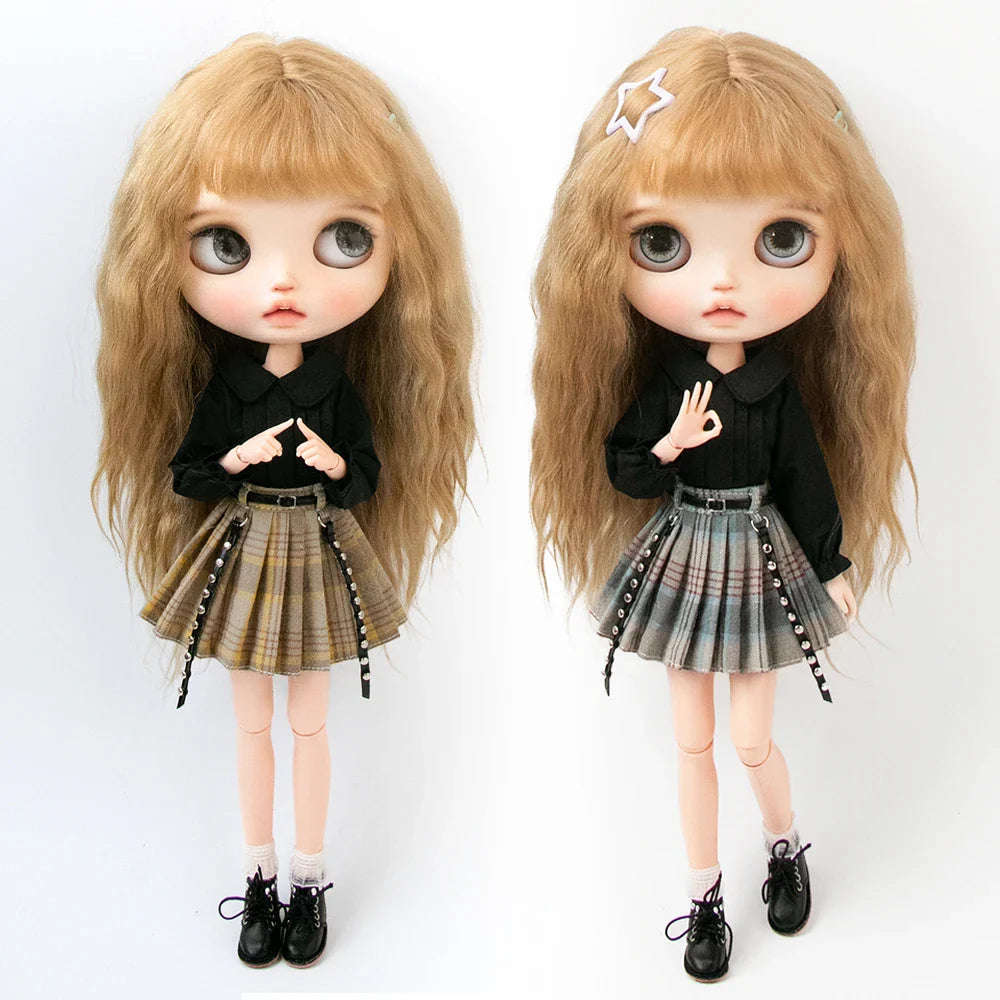 Blythe Doll Clothes Plaid Pleated Skirt & Off-Shoulder Top Tulle Dress Set — Ruffle Skirt for Licca, Azone, OB22, YMY Doll Accessories