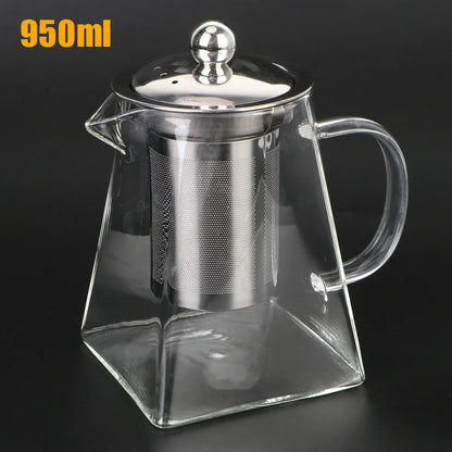 Glass Teapot with Stainless Steel Infuser – 550/750/950ML Heat-Resistant Clear Teaware, Household Tea Kettle with Infuser