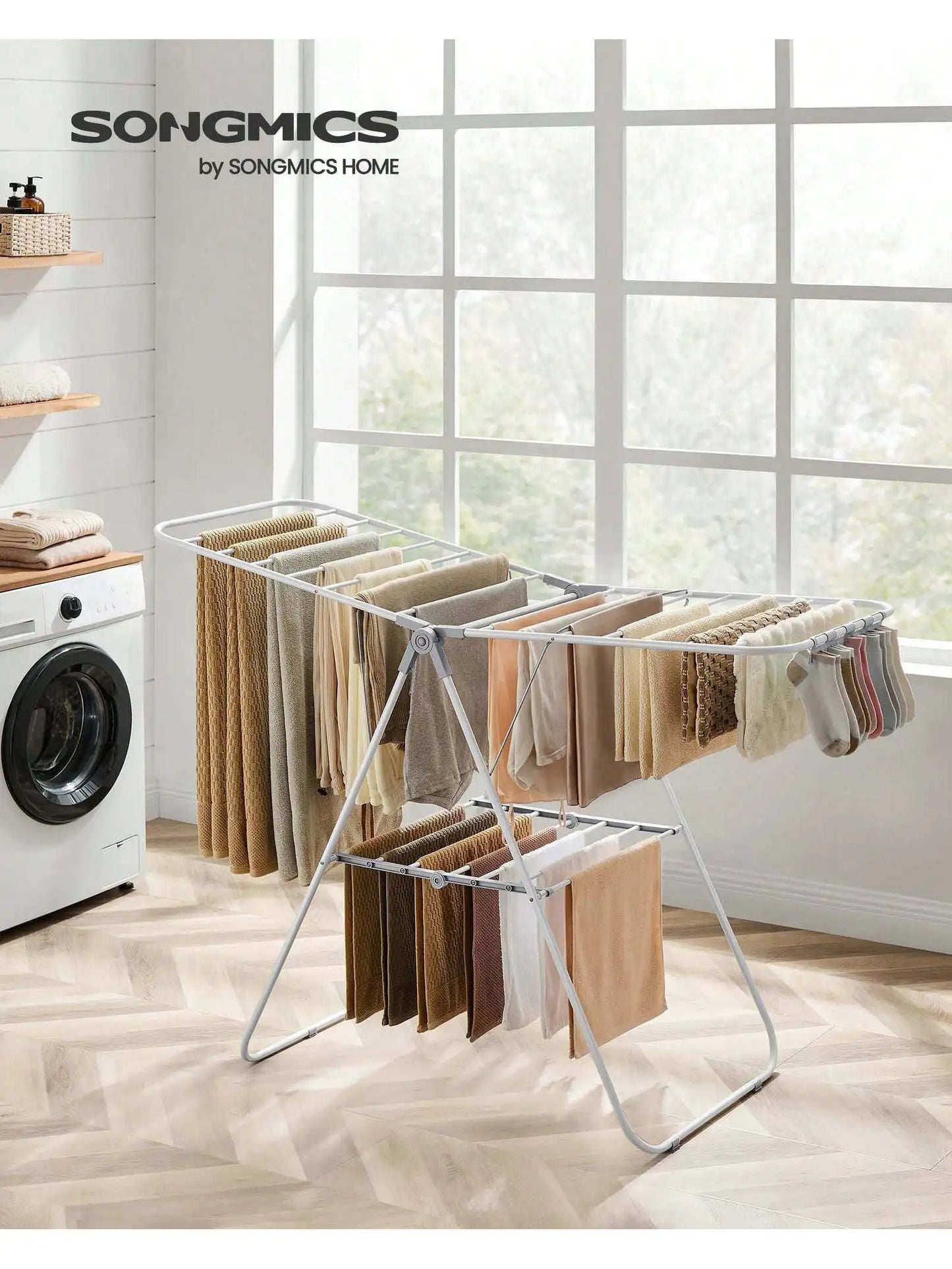 SONGMICS Foldable Clothes Drying Rack – Metal Laundry Airer with Sock Clips, Height Adjustable & Space-Saving Design
