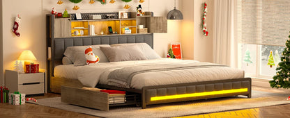 Queen Bed Frame with 4 Storage Drawers – Upholstered LED Bed with Bookcase Headboard, Type-C & USB Charging Station
