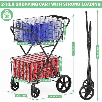 Extra Large Collapsible Grocery Cart on Wheels — Heavy Duty Shopping Cart with Baskets & Waterproof Liner