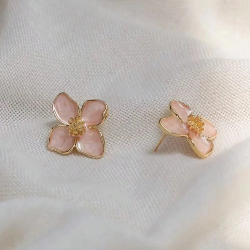 Hibiscus Flower Dropped Glaze Stud Earrings — French Vintage 2024 Fashion Jewelry for Women & Girls, Romantic Wedding Gift