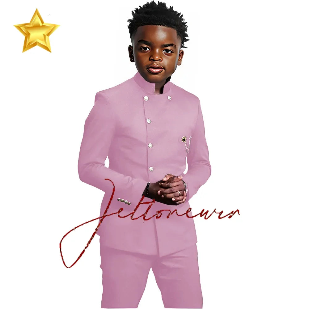 African Style Boys Suit - Stand Collar Blazer and Pants 2 Piece Casual Business Kids Formal Wear