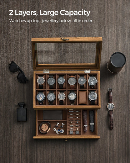 SONGMICS 12-Slot Watch Box – 2-Tier Watch Display Case with Glass Lid, Removable Pillows & Velvet Lining Jewelry Organizer