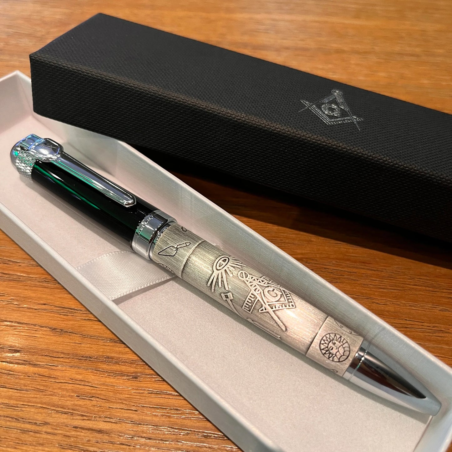 Masonic Silver Ballpoint Pen — Heavyweight Ancient Symbol Writing Pen with Gift Box, Black/Red/Green