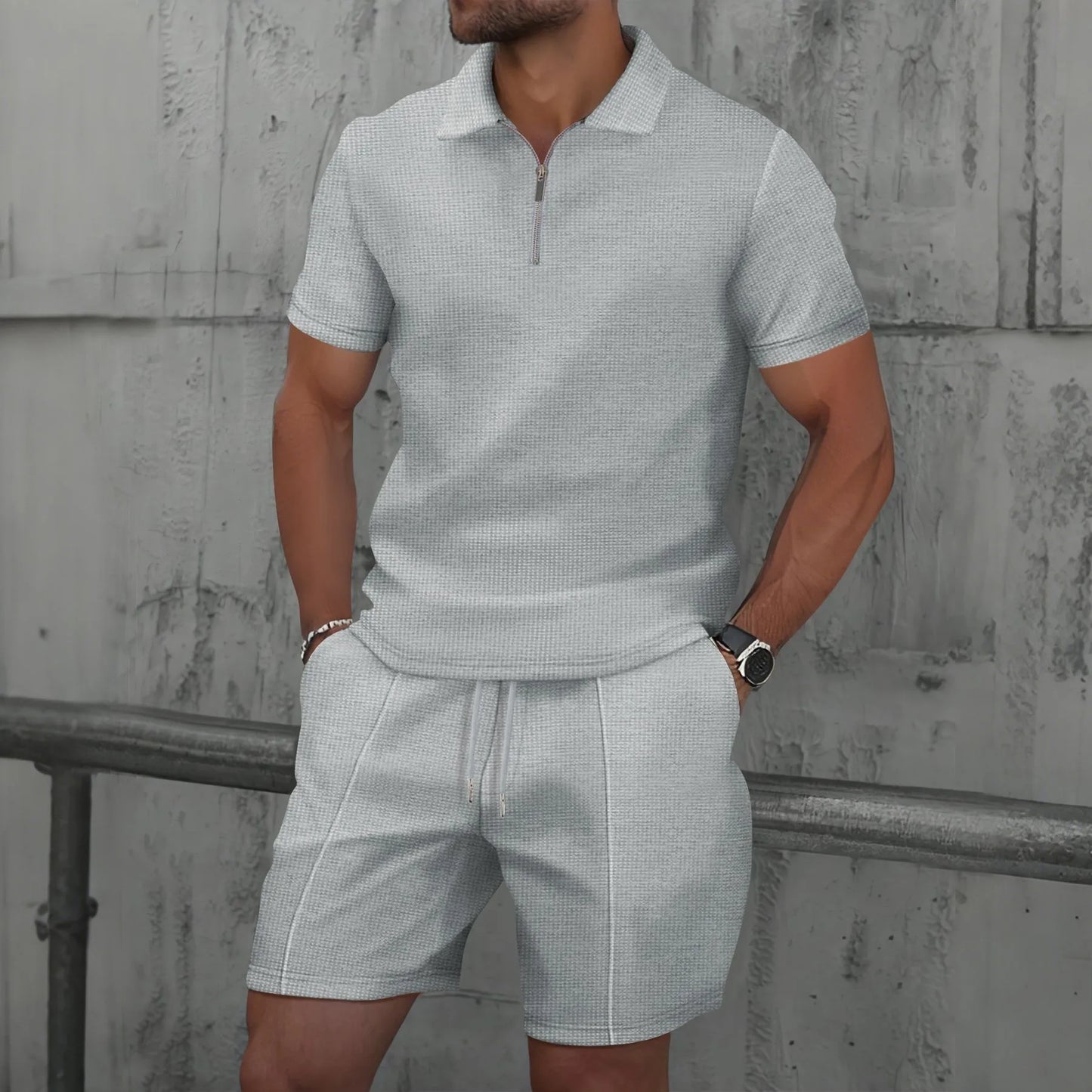 2025 Men's Summer Waffle Knit Short Set – Solid Color Zip-Up Lapel Shirt & Shorts | European & US Style