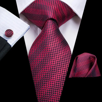 Hi-Tie Red Burgundy Plaid Silk Tie Set — Designer Men’s Necktie with Handkerchief & Cufflinks for Wedding or Business