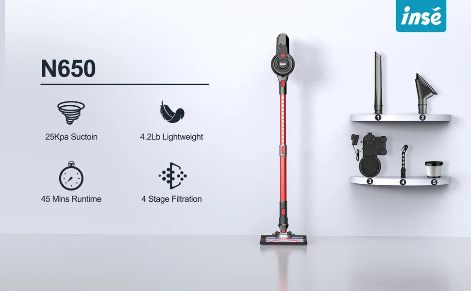 INSE N650 Cordless Vacuum Cleaner - Powerful 4 in 1 Stick Vacuum with Rechargeable Battery, Up to 45 Mins Runtime