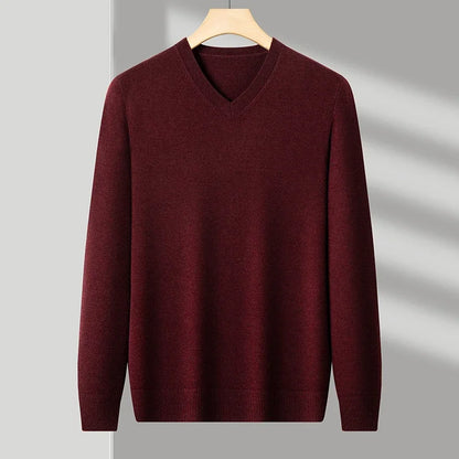 Men's V-Neck Knit Sweater - Solid Color Warm Elastic Oversized Autumn Pullover Casual Top