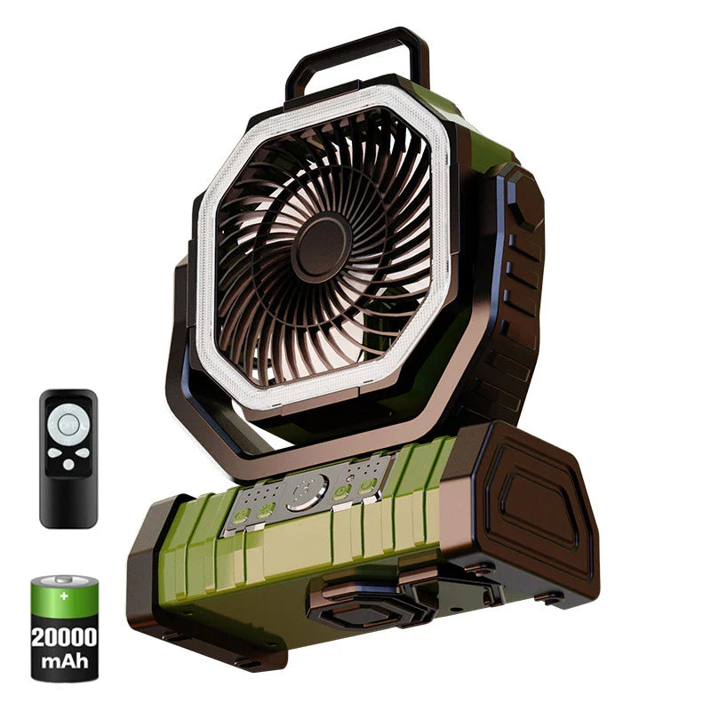 20000mAh Portable Rechargeable Fan — Battery-Operated Desk & Camping Fan with LED Light & Hook for Tent, Car, and Outdoor Trips