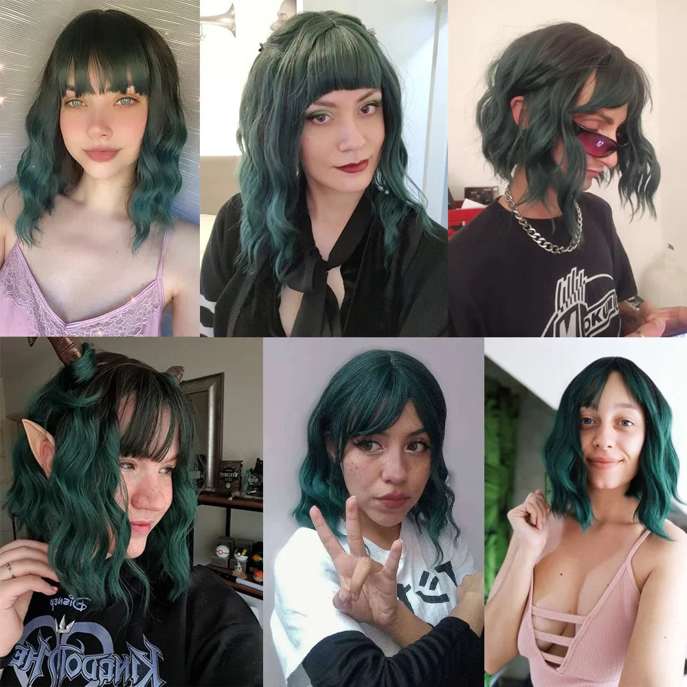Short Wavy Green Synthetic Wig for Women – Green Cosplay Bob Wig with Bangs, Lolita Party Hair, Heat-Resistant Natural Fake Hair