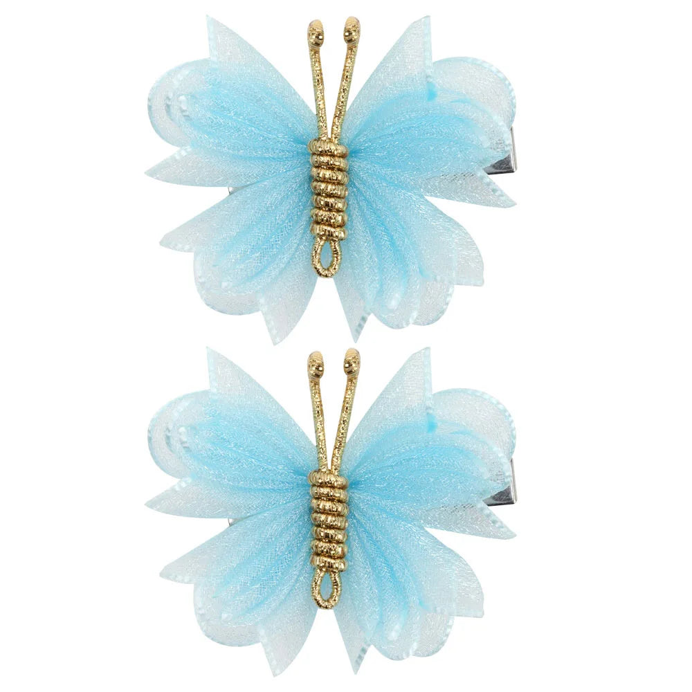 Butterfly Hair Clips with Gold Flocking - 2-Piece Gradient Gauze Hairpins for Girls