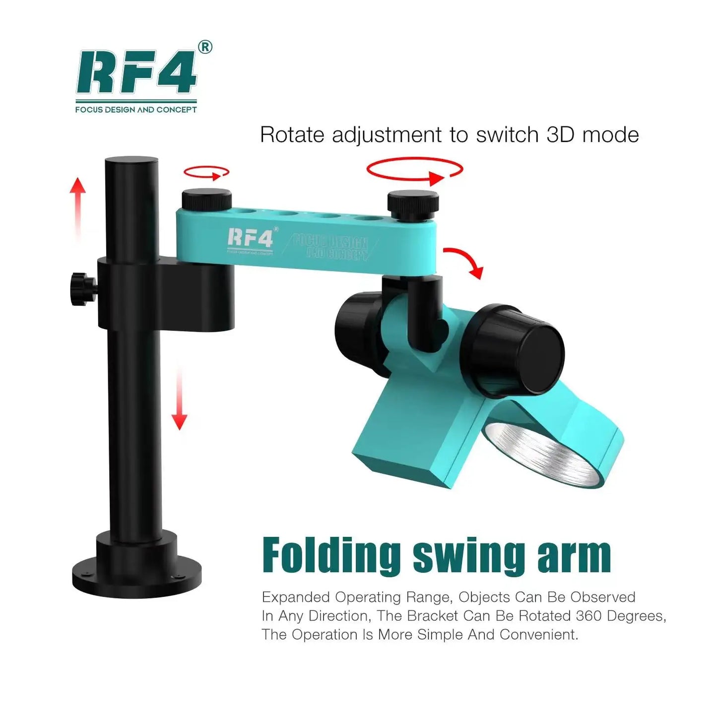 RF4 RF-FO19 Stereo Microscope – Articulating Arm, 360° Rotatable, Universal Both Arms Stand, Telescopic Lifting for Maintenance & Detection