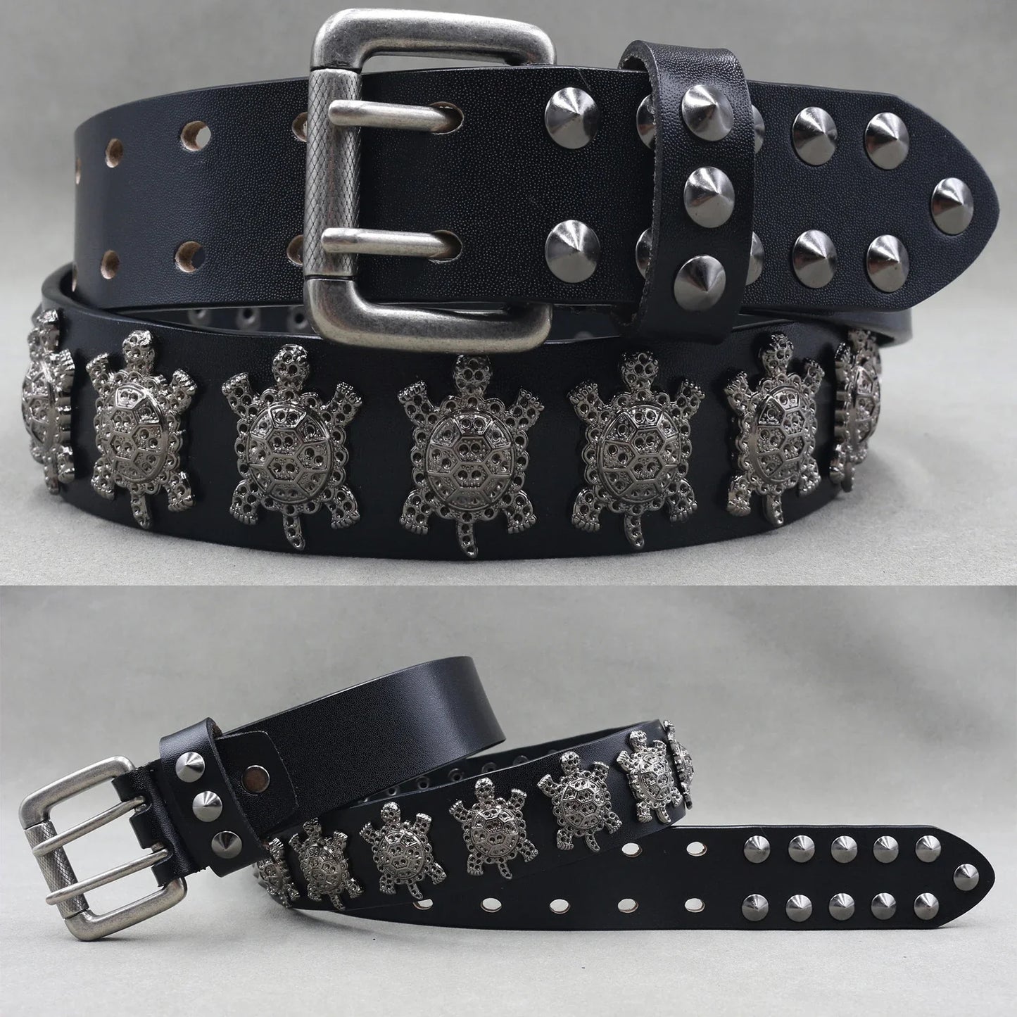Men’s Designer Rivet Belt – Genuine Cowhide Leather Punk Rock Pin Belt for Jeans, Luxury Black Leather Belt