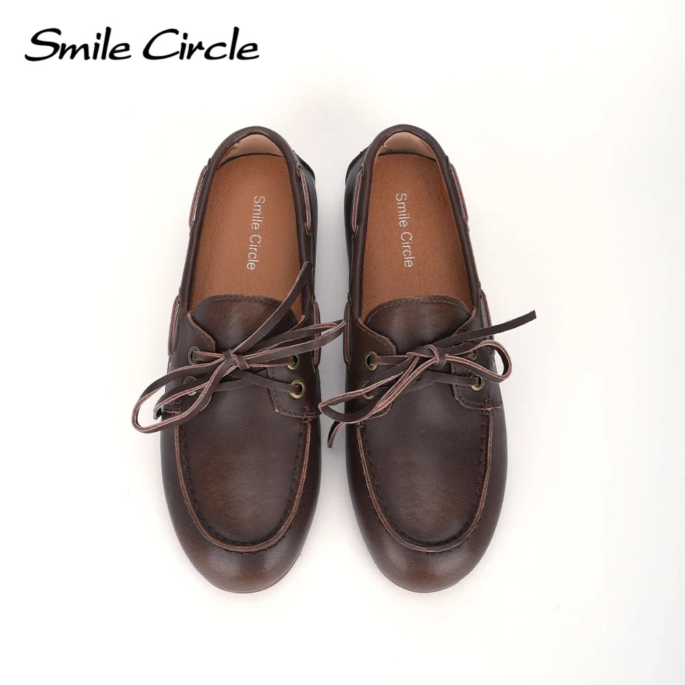 Smile Circle Women’s Genuine Leather Boat Shoes – Lace-Up Moccasins, Flat Casual Loafers