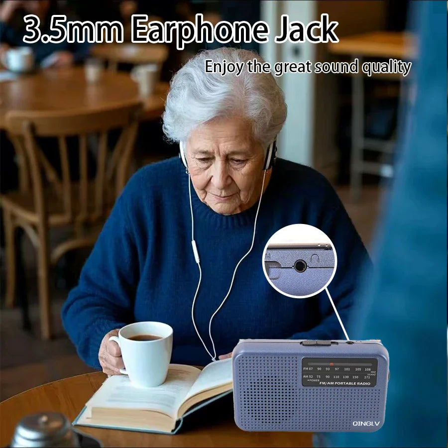 Mini FM/AM Two-Band Radio — 1W Loud Speaker with 3.5mm Headphone Jack & 180° High-Performance Antenna for Home Use