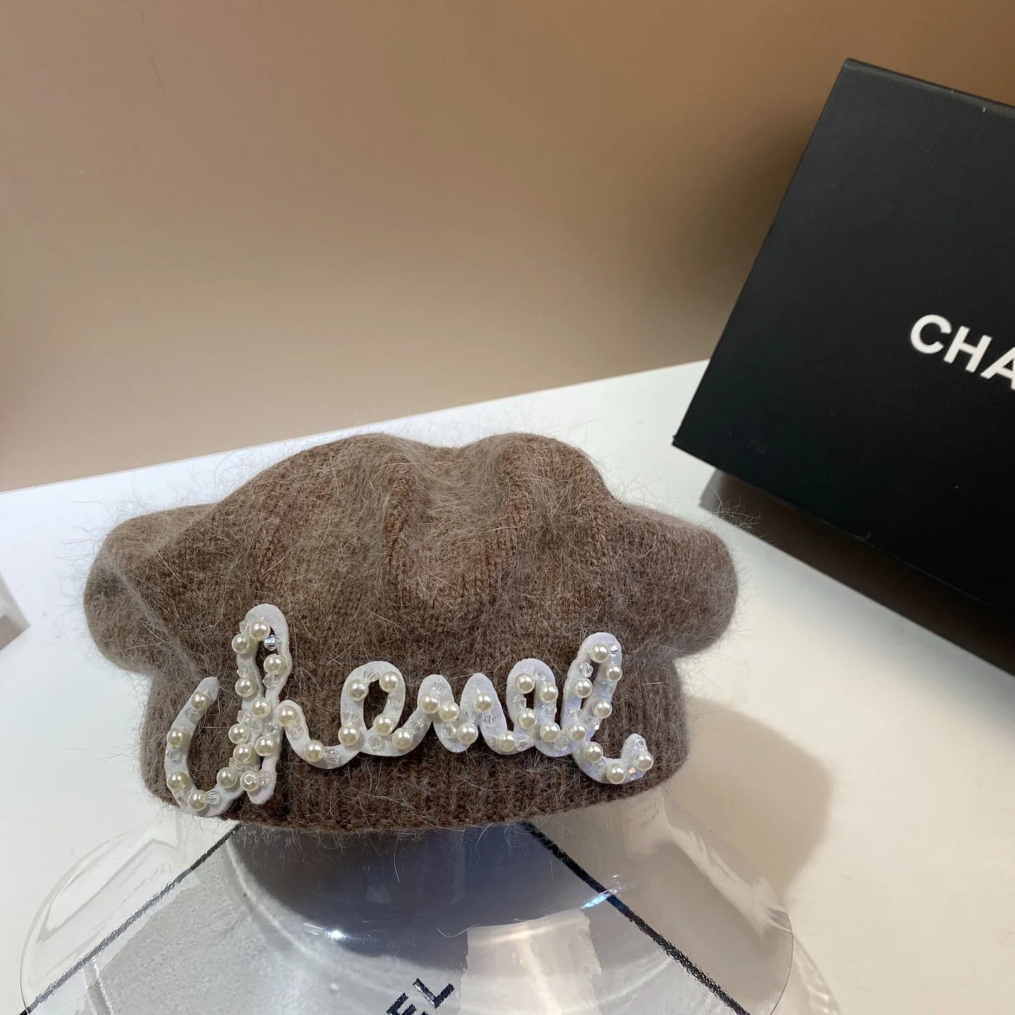 Luxury Fashion Letter Pearl Angora Fur Beret – Women's French Painter Hat, Warm Knitted Octagonal Walking Cap