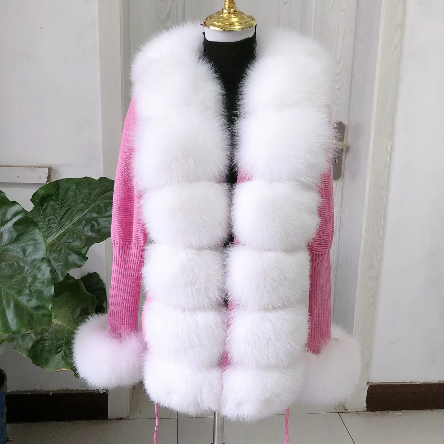 Women’s Spring & Autumn Sweater Cardigan – Real Fox Fur Collar Jacket, Natural Fur Outerwear